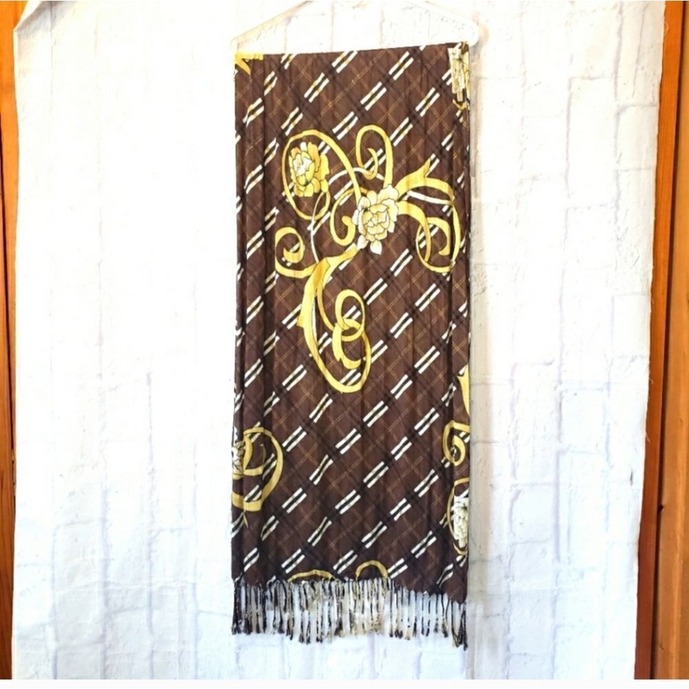 PLAID & FLORAL Viscose Lightweight Scarf Accessory Brown Gold White